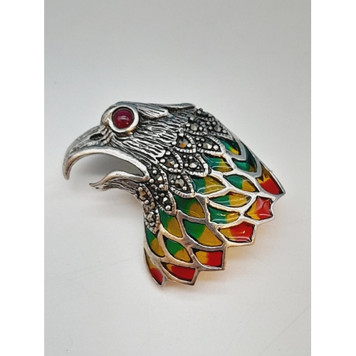 30 - Pietra Dura 925 Silver Eagles Head Brooch.