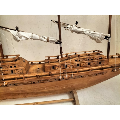 42 - Large Wooden Ship on Stand. 90cm High, 144cm x 13cm. Collection Only.