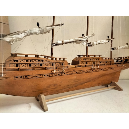 42 - Large Wooden Ship on Stand. 90cm High, 144cm x 13cm. Collection Only.