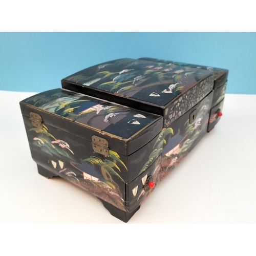 43 - Hand Painted Oriental Musical Jewellery Box with Purple Velvet Lining and Mirror. 13cm High, 30cm x ... 