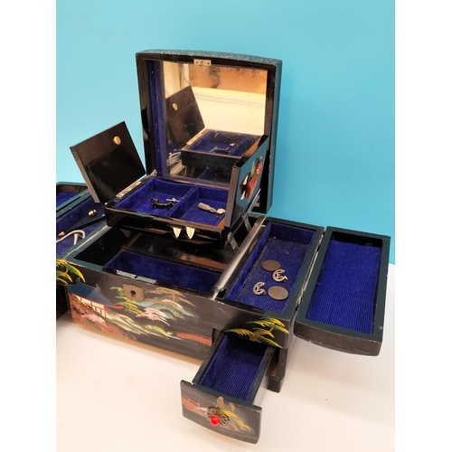 43 - Hand Painted Oriental Musical Jewellery Box with Purple Velvet Lining and Mirror. 13cm High, 30cm x ... 