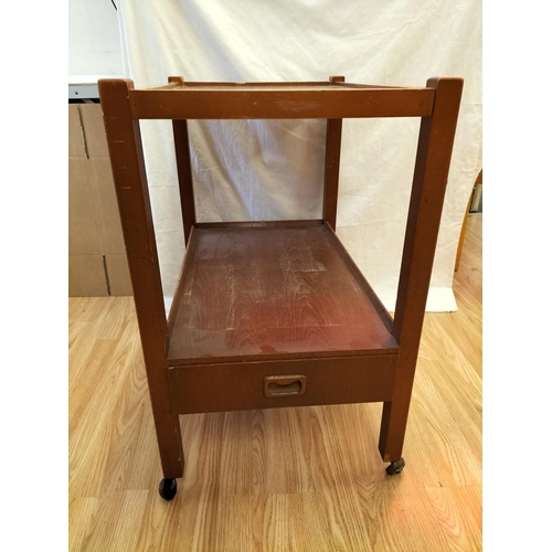 323 - Wooden Wheeled Hostess Trolley with Side Drawer. 70cm High, 64cm x 44cm. Collection Only.