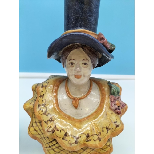 134 - Italian Alessi Caramiche Officer and Lady Shaped Hand Painted Majolica Candlesticks. 22cm Tall.