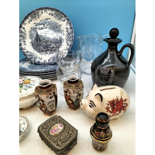 111 - Box of Mixed Pottery and Glass to include Vases, Blue and White Dinner Plates (6) Tins, etc. Tallest... 