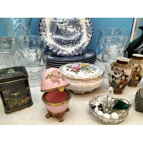 111 - Box of Mixed Pottery and Glass to include Vases, Blue and White Dinner Plates (6) Tins, etc. Tallest... 