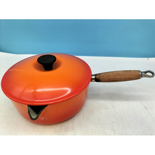 128 - Vintage Cast Iron 'Le Creuset' No 22 Large Pan with Lid and Teak Handle. 21cm Diameter, 9cm High.