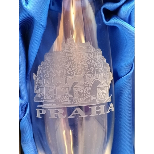 215 - Boxed Pair of 'Praha' (Prague) Etched Champagne Glasses.