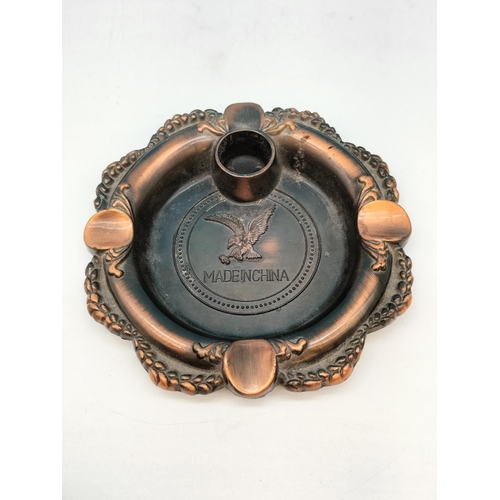 275 - Copper Coloured Eagle Head Lighter on Ashtray, 14cm Diameter.