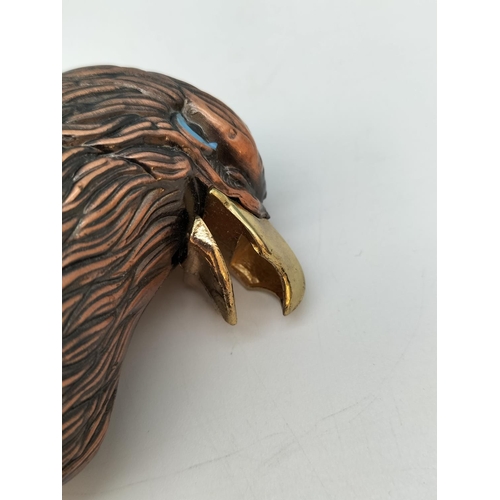 275 - Copper Coloured Eagle Head Lighter on Ashtray, 14cm Diameter.