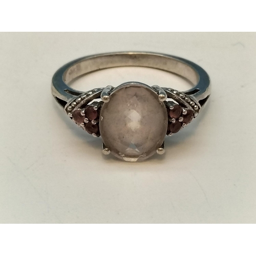 302 - Silver 925 Moonstone and Pink Stone Ring. Size S.