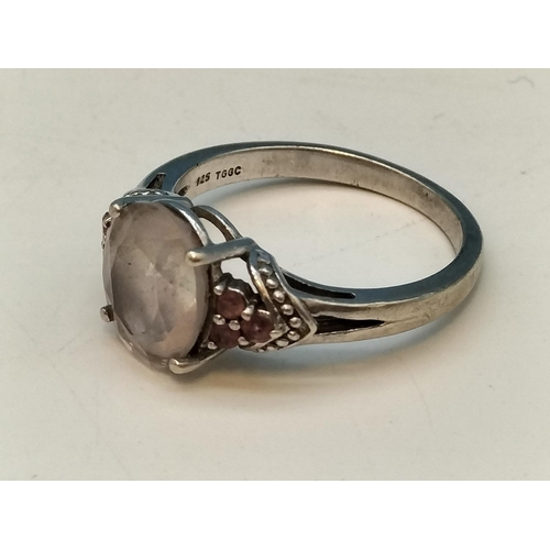 302 - Silver 925 Moonstone and Pink Stone Ring. Size S.