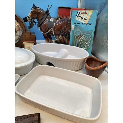 325 - Collection of Mixed Items to include Mantel Clock, Horse, Tools, White Kitchen Ware, etc.