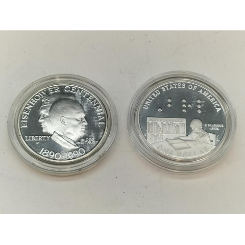 407 - 2 x Silver .900 (Tested) 'Louis Braille' and 'Eisenhower Centennial' One Dollar Coins.