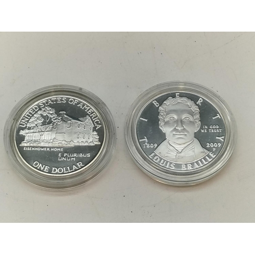 407 - 2 x Silver .900 (Tested) 'Louis Braille' and 'Eisenhower Centennial' One Dollar Coins.