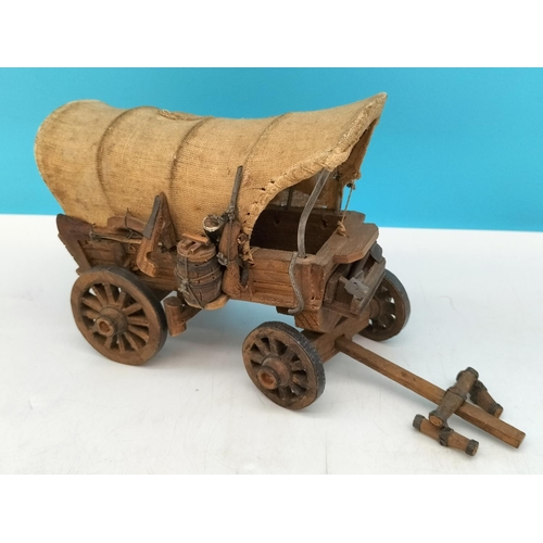 459 - Vintage Hand Made Wooden and Canvas Model of a Covered Wagon. 20cm Long.