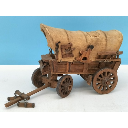 459 - Vintage Hand Made Wooden and Canvas Model of a Covered Wagon. 20cm Long.