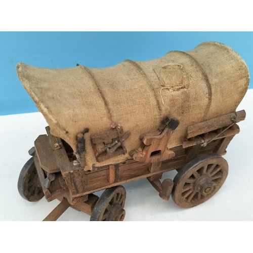 459 - Vintage Hand Made Wooden and Canvas Model of a Covered Wagon. 20cm Long.