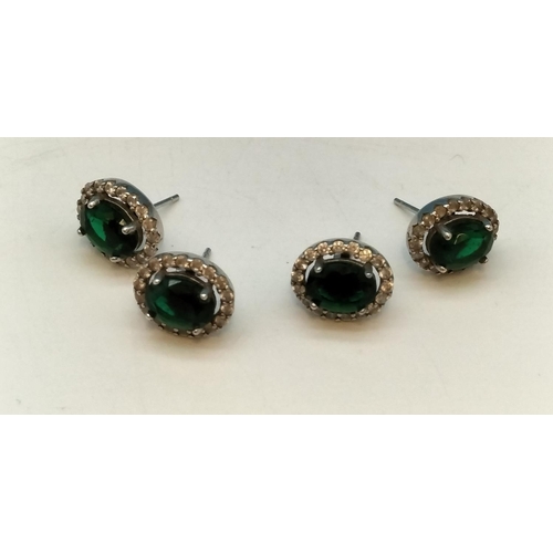 461 - 2 Pairs of Silver 925, Green Emerald Coloured Stones and Cubic Zirconia Earrings.