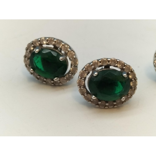 461 - 2 Pairs of Silver 925, Green Emerald Coloured Stones and Cubic Zirconia Earrings.