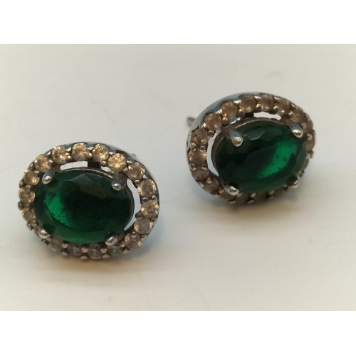 461 - 2 Pairs of Silver 925, Green Emerald Coloured Stones and Cubic Zirconia Earrings.