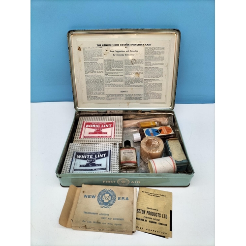 501 - Vintage First Aid Tin with Contents. 6cm High, 27cm x 20cm.