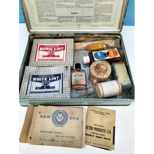 501 - Vintage First Aid Tin with Contents. 6cm High, 27cm x 20cm.