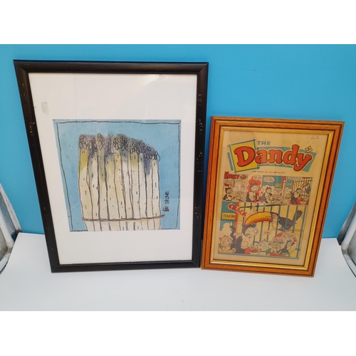 524 - Framed Modernist Print plus Framed Copy of 'The Dandy' Dated 1965. Largest 43cm x 33cm.