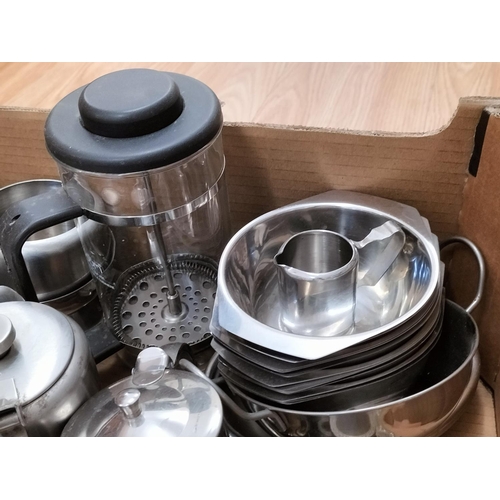 555 - Box of Stainless Steel Kitchen Ware to include Coffee Percolator, Curry Dish, Rice Dish, Trays, etc.