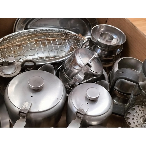 555 - Box of Stainless Steel Kitchen Ware to include Coffee Percolator, Curry Dish, Rice Dish, Trays, etc.