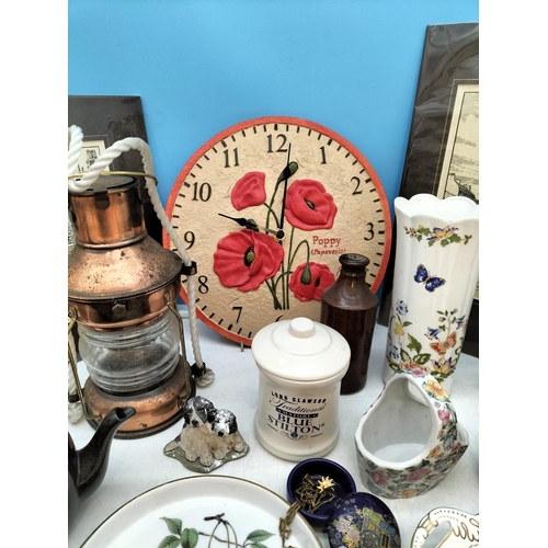 586 - Box of Mixed Items to include Poppy Clock, Copper Style Ships Lamp, Aynsley Vase, etc.