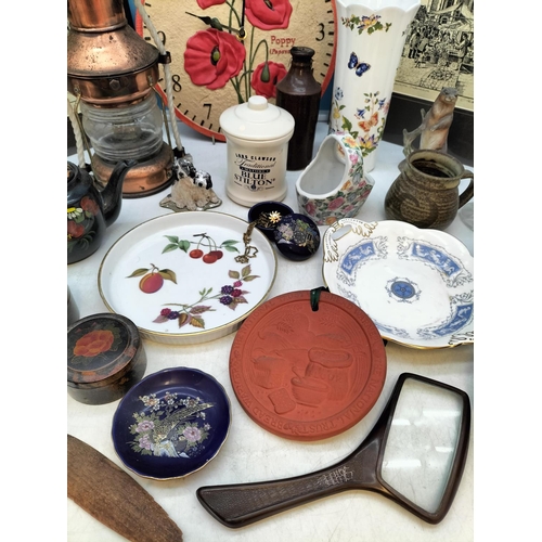 586 - Box of Mixed Items to include Poppy Clock, Copper Style Ships Lamp, Aynsley Vase, etc.