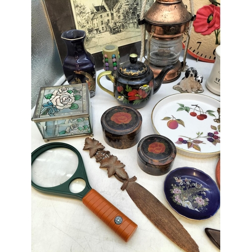 586 - Box of Mixed Items to include Poppy Clock, Copper Style Ships Lamp, Aynsley Vase, etc.