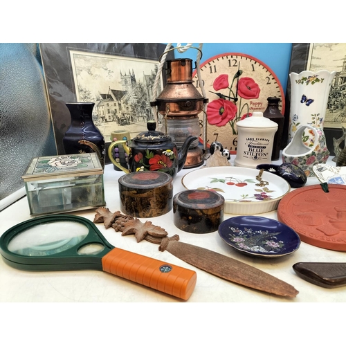 586 - Box of Mixed Items to include Poppy Clock, Copper Style Ships Lamp, Aynsley Vase, etc.