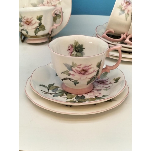 59 - Crown Windsor Bone China 28 Piece Tea Set in a Pink Flower Design to include Trios (8), Saucers (2),... 