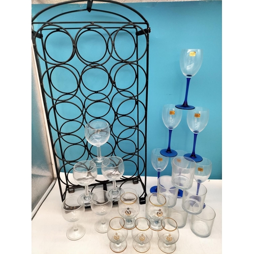 641 - Quantity of Glasses (Some Boxed) plus Wine Rack. 73cm High, 33cm x 15cm. Collection Only.