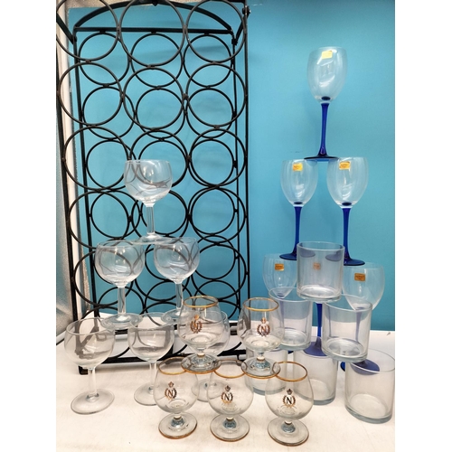 641 - Quantity of Glasses (Some Boxed) plus Wine Rack. 73cm High, 33cm x 15cm. Collection Only.