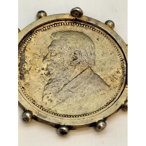 96 - 1896 Silver .800 Zuid Afrik Repub 2 Shilling Coin Mounted in 800 Silver Mount Gold Plated Brooch.