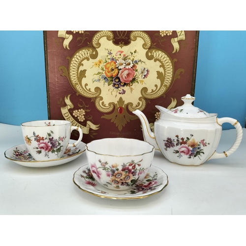 10 - Boxed Royal Crown Derby 'Derby Poises' Tea Set to include Teapot (Repair to Spout), Cups and Saucers... 