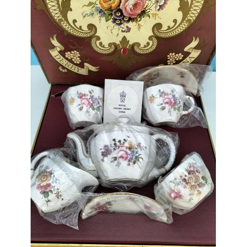 10 - Boxed Royal Crown Derby 'Derby Poises' Tea Set to include Teapot (Repair to Spout), Cups and Saucers... 