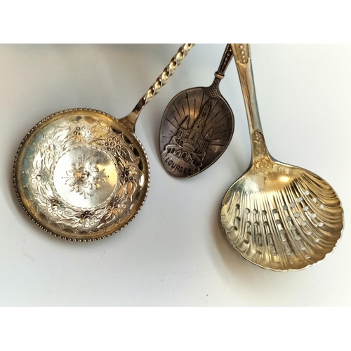 245 - 3 x Antique White Metal Spoons, a Sifter, Caddy and Enamelled Souvenir Spoon.