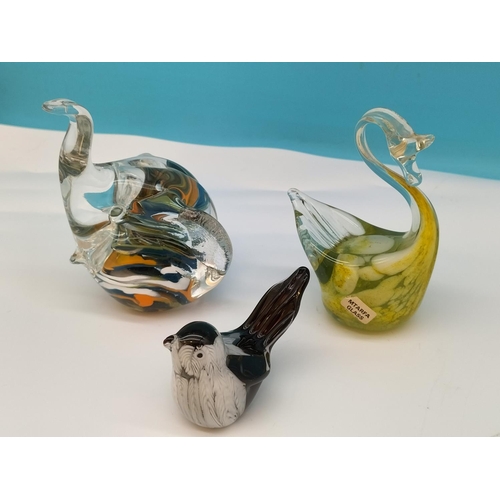 249 - Mtarfa Maltese Glass Figure of a Swan, Maltese Glass Elephant plus Art Glass Bird Figure. Tallest 10... 