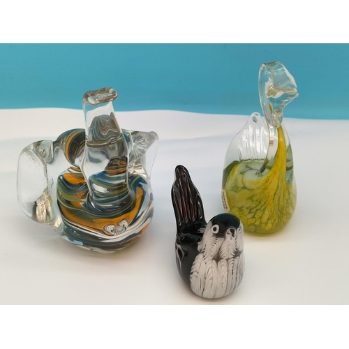 249 - Mtarfa Maltese Glass Figure of a Swan, Maltese Glass Elephant plus Art Glass Bird Figure. Tallest 10... 