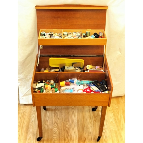 272 - Mid Century Sewing Box on Wheels plus Contents, 57cm High, 50cm x 36cm. Collection Only.