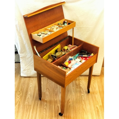 272 - Mid Century Sewing Box on Wheels plus Contents, 57cm High, 50cm x 36cm. Collection Only.