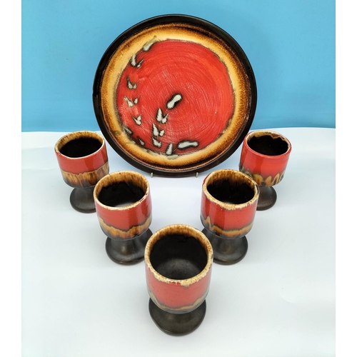 30 - Mid Century Vallauris Pottery (France) 27cm Plate and Goblets (5). Goblet Height 11.5cm. Chip to Rim... 