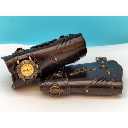 343 - New Steampunk Medieval Style PU Leather Wristbands with Quartz Watch, 19cm Long.