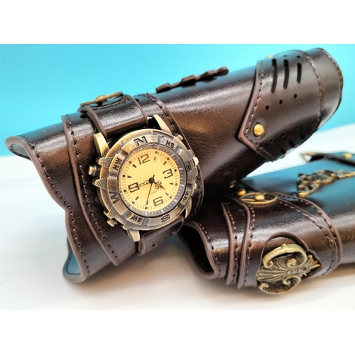 343 - New Steampunk Medieval Style PU Leather Wristbands with Quartz Watch, 19cm Long.