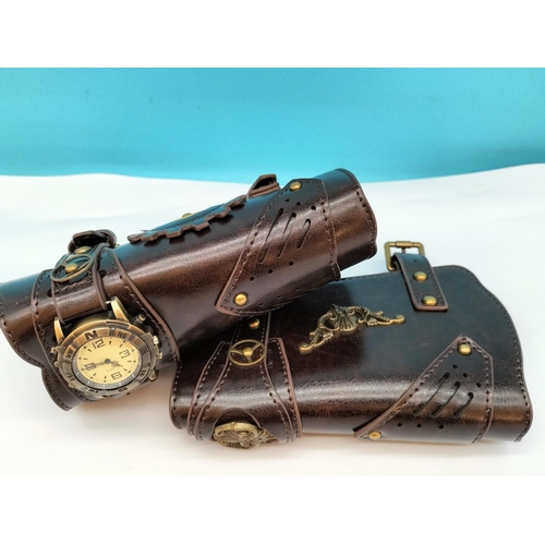 343 - New Steampunk Medieval Style PU Leather Wristbands with Quartz Watch, 19cm Long.