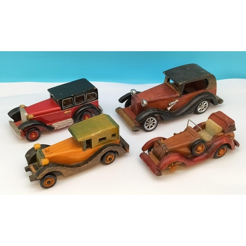 344 - Vintage Wooden Hand Built Classic Cars (4). Largest 25cm Long. One Missing a Wheel.