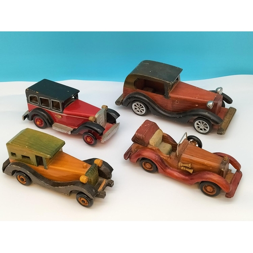 344 - Vintage Wooden Hand Built Classic Cars (4). Largest 25cm Long. One Missing a Wheel.